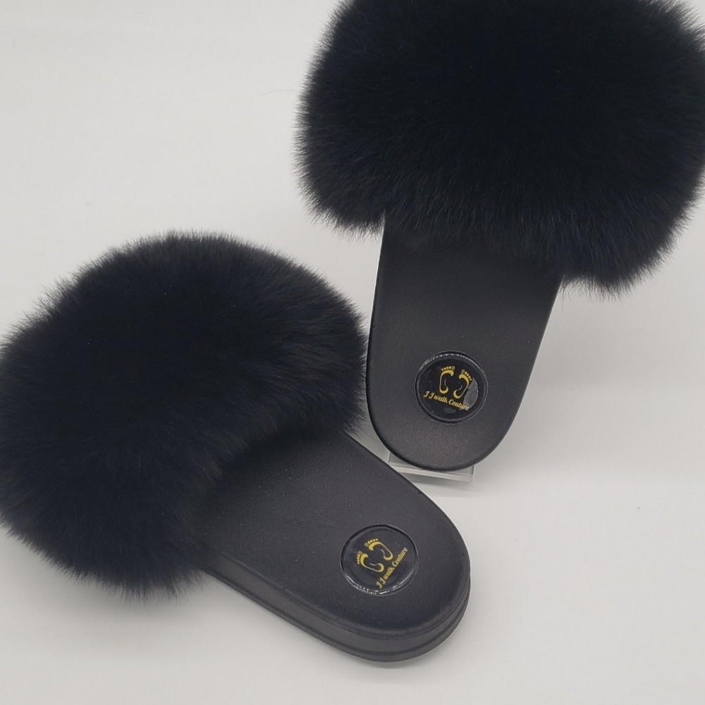 100% Real Fox Fur Black Slides